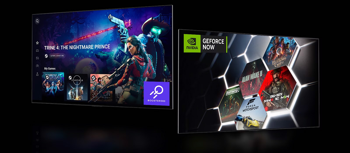 Μια εικόνα αρχικής οθόνης Boosteroid που δείχνει τον τίτλο «Trine 4: The Nightmare Prince».  Μια αρχική οθόνη GeForce NOW που δείχνει πέντε διαφορετικές μικρογραφίες παιχνιδιού στα δεξιά.